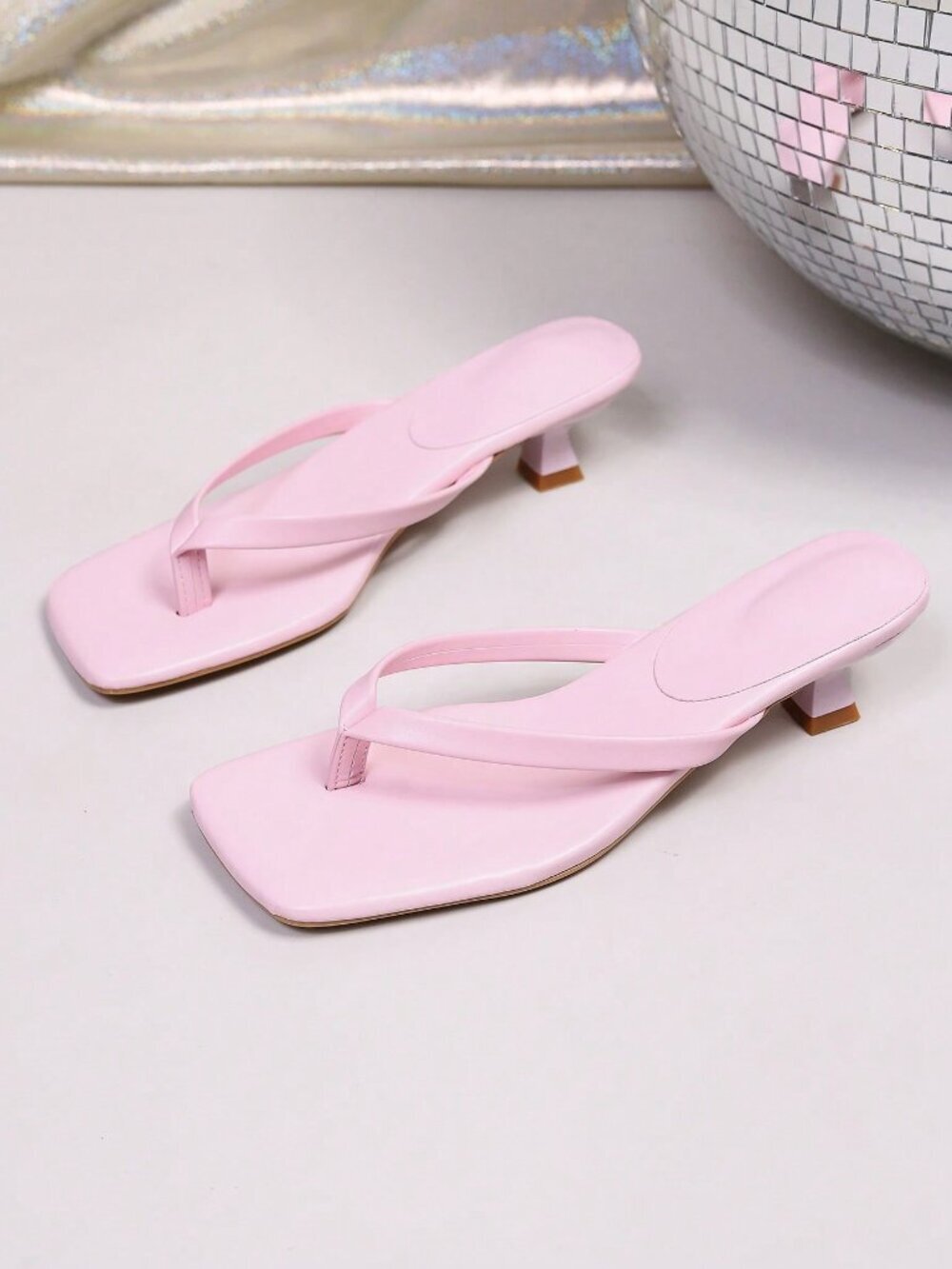 Pink Fashionable Women's PU Leather Wide Strap Toe Kitten Heel Slide Sandals - Picture 2 of 6